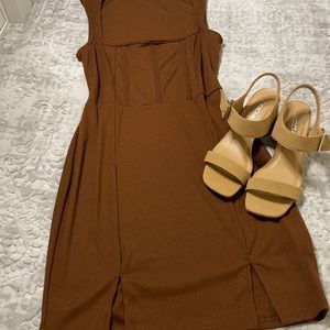 Brown double slit mini dress